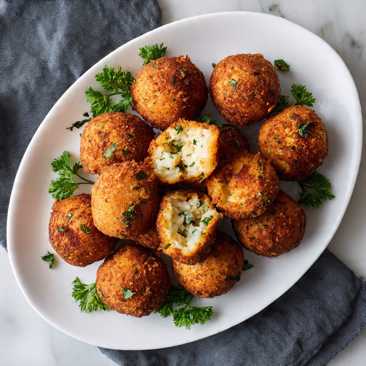 A white oval plate filled with ten golden brown fried balls with a rough texture, one ball on top is broken open showing a soft, white inside with small green herbs mixed in. The plate is garnished with fresh curly parsley on two sides. The background consists of a white marbled surface with a dark gray cloth partially visible on the left side. photo taken with an iphone --ar 4:5 --v 7