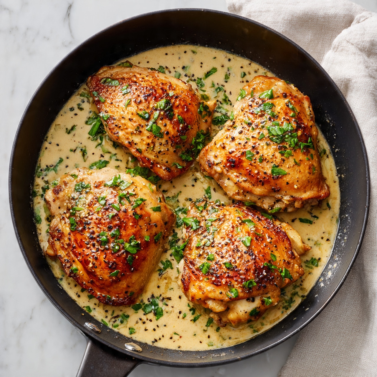 The image shows three large pieces of cooked chicken in a black skillet. The chicken has a golden brown, slightly crispy skin, with some green herbs sprinkled on top. The creamy sauce around the chicken is light beige with small black pepper specks and green herbs mixed in. The skillet is on a white marbled surface with a light cloth partially visible next to it. photo taken with an iphone --ar 4:5 --v 7