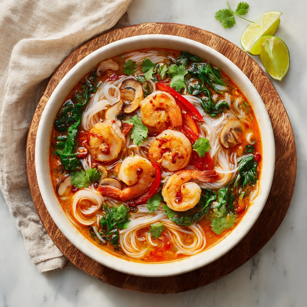 A white bowl filled with a vibrant shrimp soup sits on a wooden board over a white marbled surface. The bottom layer is thin, white rice noodles nestled in a rich orange broth. On top, there are plump pink shrimp with a slight shine, surrounded by bright green cilantro leaves and fresh spinach. Slices of red bell pepper add a bold pop of color alongside small yellow lime wedges. Light brown mushroom slices float in the soup, scattered among the vegetables and shrimp. Tiny flakes of red chili pepper sprinkle the surface, adding a hint of texture and color contrast. The background shows a beige cloth casually draped and some additional lime wedges on the board photo taken with an iphone --ar 4:5 --v 7