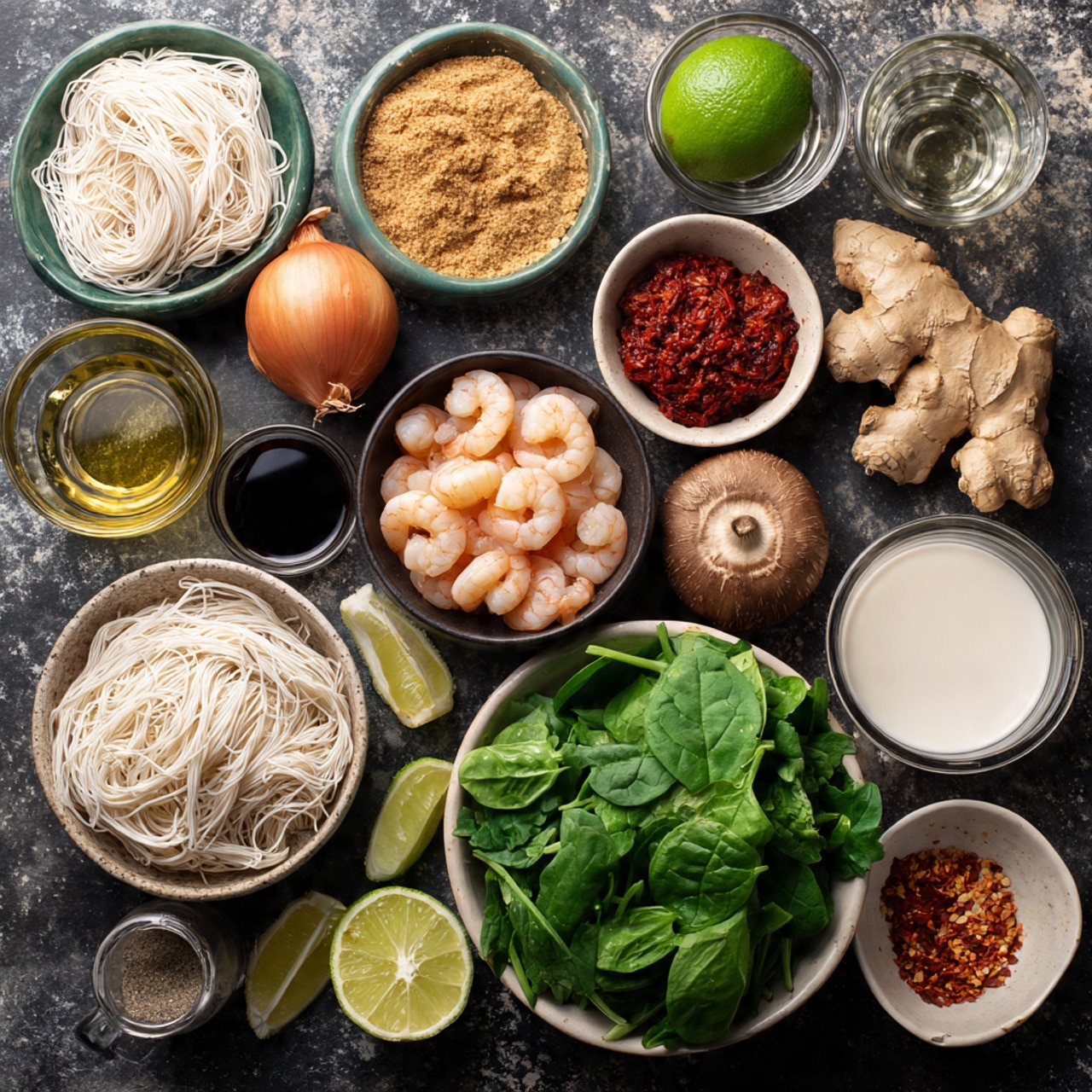The image shows various fresh ingredients arranged on a dark surface with a white marbled texture background. There is a bowl of fresh green spinach leaves at the bottom right, a small white bowl holding a brown-red paste, and next to it, a whole ginger root with a light brown knobby texture. A lime with green skin is placed near the center, along with a smooth light brown shallot and a bright red bell pepper. A small cup contains a clear liquid, possibly vinegar or oil, and nearby, a small bowl holds light brown powder spices. There are peeled raw shrimp in a bowl with a light tan color, and another bowl with large brown mushrooms and green cilantro. White, thin rice noodles with a tangled, stringy texture are at the bottom left. Other small containers hold white creamy coconut milk, thick white solid coconut oil, reddish chili flakes on a white dish, and a glass bowl with light yellow broth. A small clear glass container with dark soy sauce is also present. Photo taken with an iphone --ar 4:5 --v 7