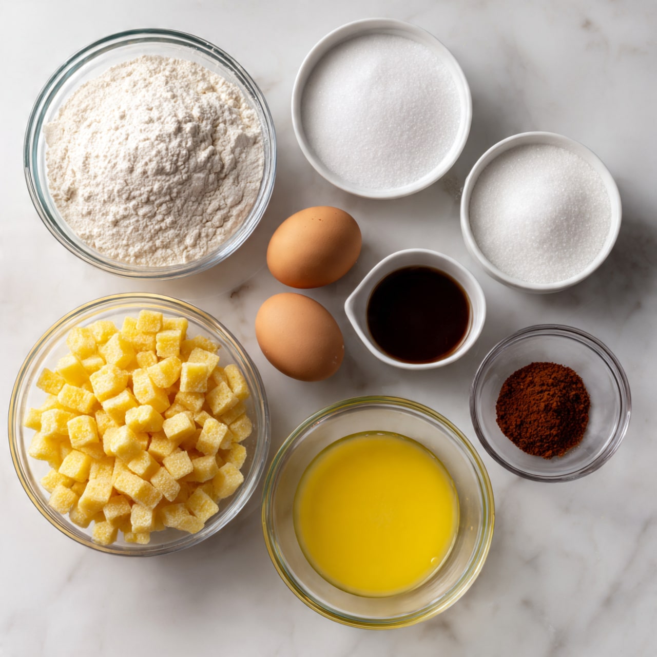 The image shows eight clear and white bowls of different sizes arranged on a white marbled surface. The largest bowl contains small, yellow cubes creating a textured pile. To the left, a medium-sized clear bowl is full of white flour, with another bowl below it filled with white granulated sugar. A small white bowl holds two brown eggs. Above the flour and sugar, there are three smaller bowls; the first holds white powder, the second has a dark brown liquid, and the third contains a reddish-brown powder. In the center, a medium-sized clear bowl is filled with a yellow liquid that has a smooth texture. The composition is neat with each ingredient clearly visible and separated. Photo taken with an iphone --ar 4:5 --v 7