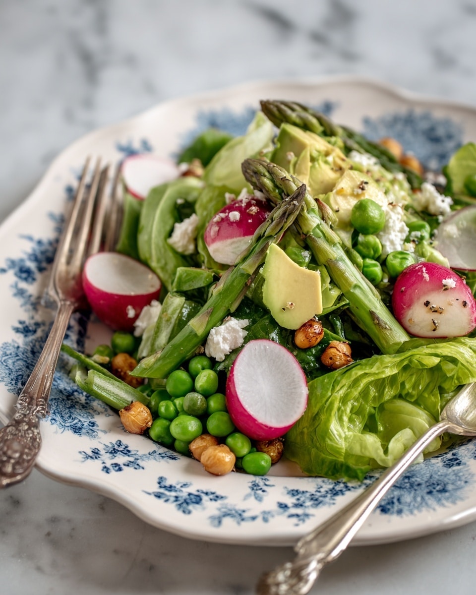 A fresh salad is shown in a white plate with blue floral patterns around the edges. The salad has several layers including bright green lettuce and spinach leaves forming the base, topped with fresh green peas and small green asparagus pieces. There are round red radishes and thin pink and white radish slices layered evenly across the salad. Creamy light green avocado cubes are scattered on top along with golden-brown roasted chickpeas. Small crumbles of white cheese add a touch of contrast. A silver spoon and fork rest on the edge of the plate. The background is a white marbled texture photo taken with an iphone --ar 4:5 --v 7