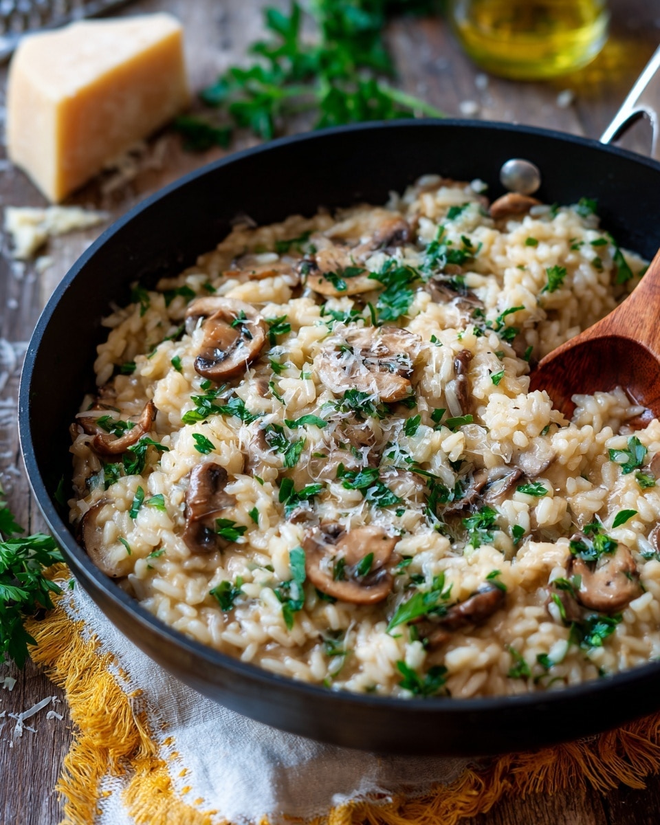 The image shows a close-up of a black skillet filled with a creamy pasta dish. The pasta is coated in a thick, light brown sauce with visible herbs and small green leafy bits scattered on top. Some pasta pieces appear slightly darker, giving a varied texture look. A spoon rests inside the skillet, lifting some of the pasta, and a woman's hand grips the handle of the skillet. The background is a white marbled surface with soft, warm lighting creating a cozy atmosphere. photo taken with an iphone --ar 4:5 --v 7