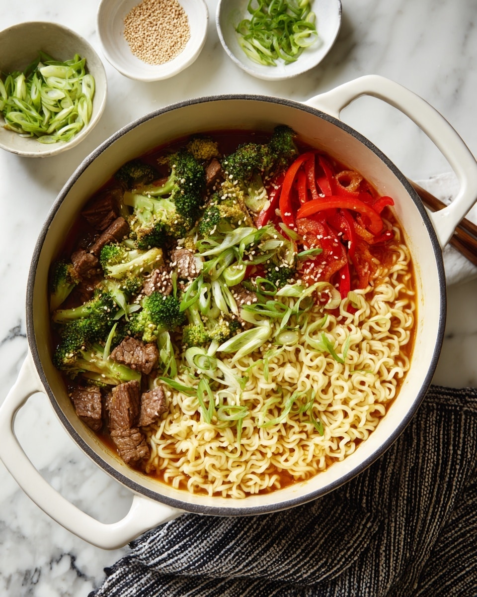 A large white pot filled with a colorful stir-fry showing three main layers: at the bottom, soft yellow ramen noodles; the middle layer has light brown cooked meat pieces mixed evenly; the top layer is bright green broccoli florets and thin red bell pepper strips scattered all over. Thin green sliced scallions are sprinkled on top with small white sesame seeds adding texture. There is an orange-red sauce drizzled lightly over the dish. Around the pot on a white marbled surface, small white bowls contain more sliced scallions, sesame seeds, and a small amount of sauce. A striped black and white kitchen towel is partially visible under the pot. Photo taken with an iphone --ar 4:5 --v 7