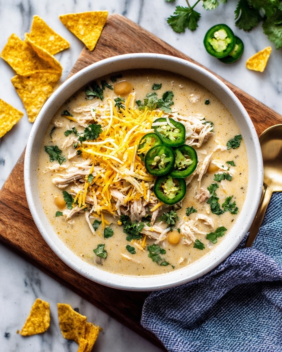 A white bowl filled with creamy chicken and white bean soup with visible shredded chicken pieces in a light beige broth, topped with a layer of shredded yellow and white cheese, fresh green cilantro leaves, and thin slices of bright green jalapeño peppers. Crunchy yellow tortilla chip pieces are scattered mainly on one side of the cheese layer. The bowl is placed on a wooden board on a white marbled surface, with a blue and white striped cloth in the top right corner and extra cilantro leaves and broken tortilla chips scattered around. photo taken with an iphone --ar 4:5 --v 7