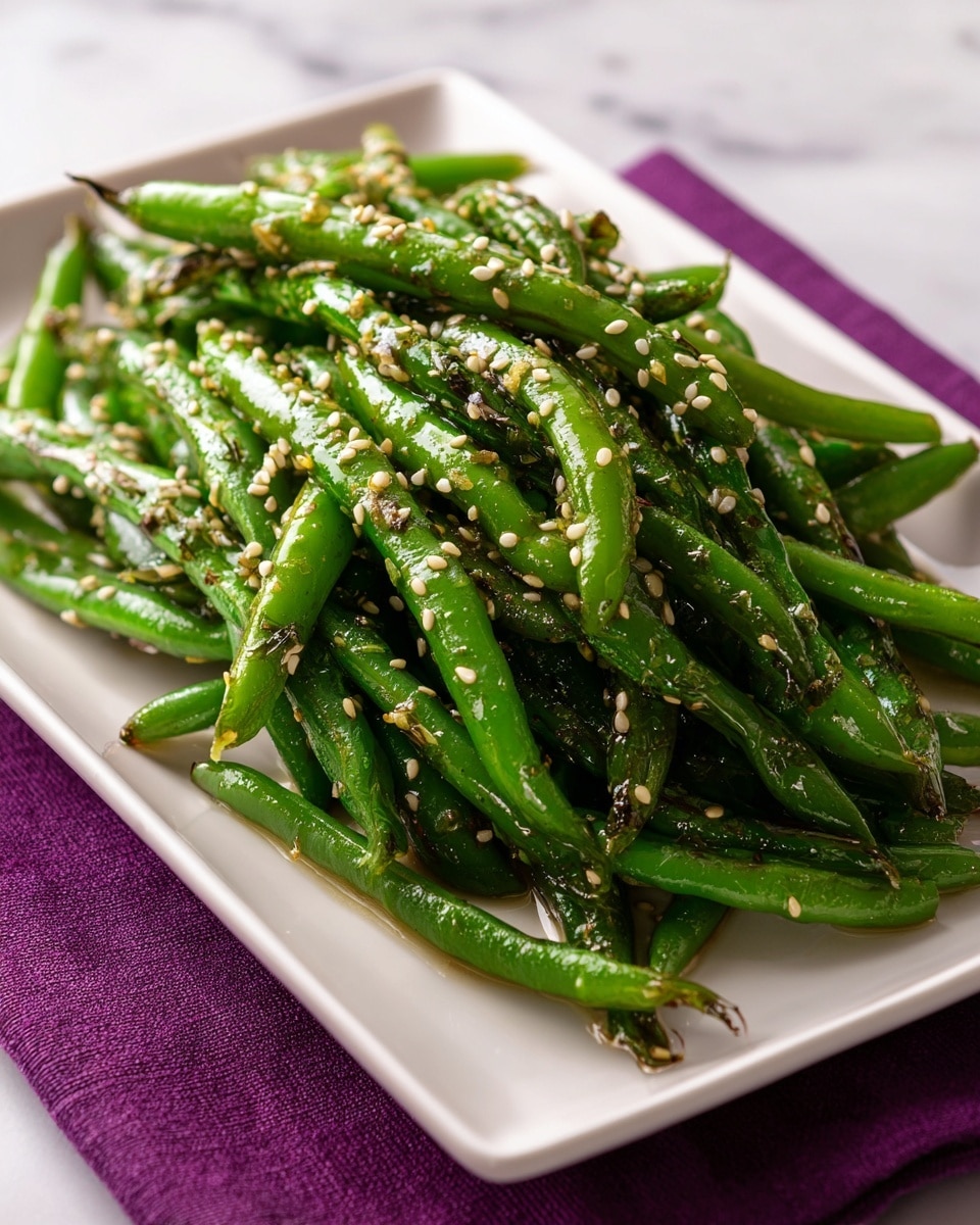 A white rectangular plate holds a pile of shiny green beans cooked with a slight gloss, arranged in a loose mound in the center of the plate. The green beans are topped with a light sprinkle of small, pale sesame seeds scattered evenly across the surface. The plate sits on a purple cloth napkin, all placed on a white marbled surface. Photo taken with an iphone --ar 4:5 --v 7