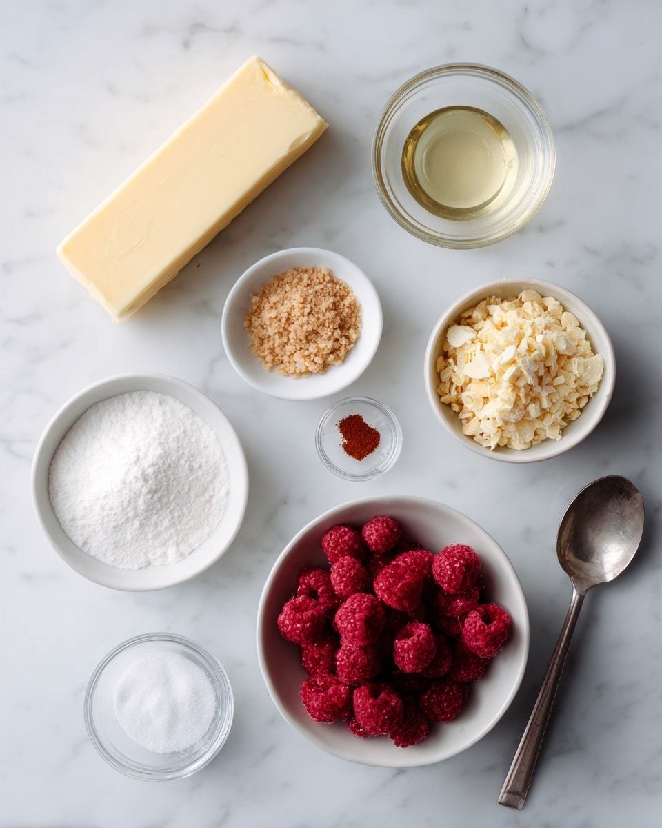 The image shows nine ingredients placed on a white marbled surface. On the left is a rectangular block of pale yellow butter. Above it is a small white bowl filled with light brown crumbs. Next to it is a tiny white bowl with a reddish-brown spice. Near the spice is a small clear bowl filled with white salt. Below is a small white bowl with white powder, likely baking soda. Below that is another small clear bowl with white sugar. In the center is a white bowl filled with bright red freeze-dried raspberries. To the right of that is a white bowl filled with pale yellow crushed nuts or cereal. Above it is a clear glass bowl containing a small amount of clear liquid, probably oil or juice. At the top right corner is a silver spoon resting on the surface. The layout is simple and neat, showing the ingredients clearly from above. photo taken with an iphone --ar 4:5 --v 7