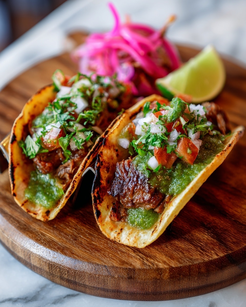 Two small tacos with a light toasted texture sit open on a round wooden board. Each taco has three visible layers: a bottom layer of grilled brown meat, a middle layer of bright green chopped herbs or salsa, and a top layer of small red tomato pieces mixed with bits of white onion. To the left side of the tacos, there are three green lime wedges and some pink pickled vegetables. A wooden skewer rests diagonally across the tacos. The surface is a white marbled texture. photo taken with an iphone --ar 4:5 --v 7