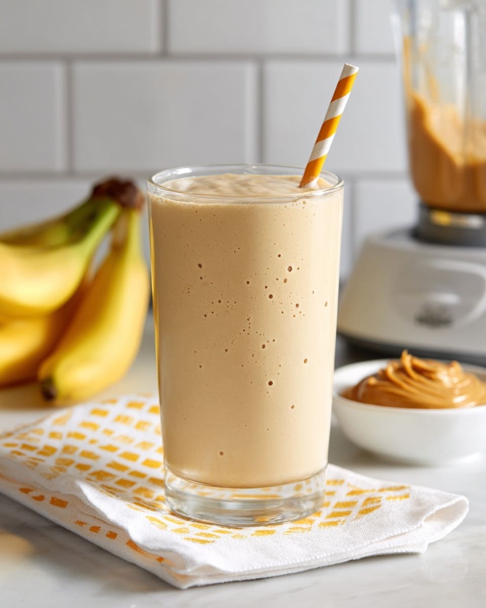 A clear glass filled with a creamy light beige smoothie with a frothy layer on top, placed on a white and yellow patterned cloth on a white marbled surface. Inside the glass is an orange and white striped straw, standing upright from the smoothie. Behind the glass, two yellow bananas rest on the surface next to a small white bowl filled with a light brown spread. On the far right, a blender with some beige smoothie left inside can be seen. The background consists of white tile walls. photo taken with an iphone --ar 4:5 --v 7