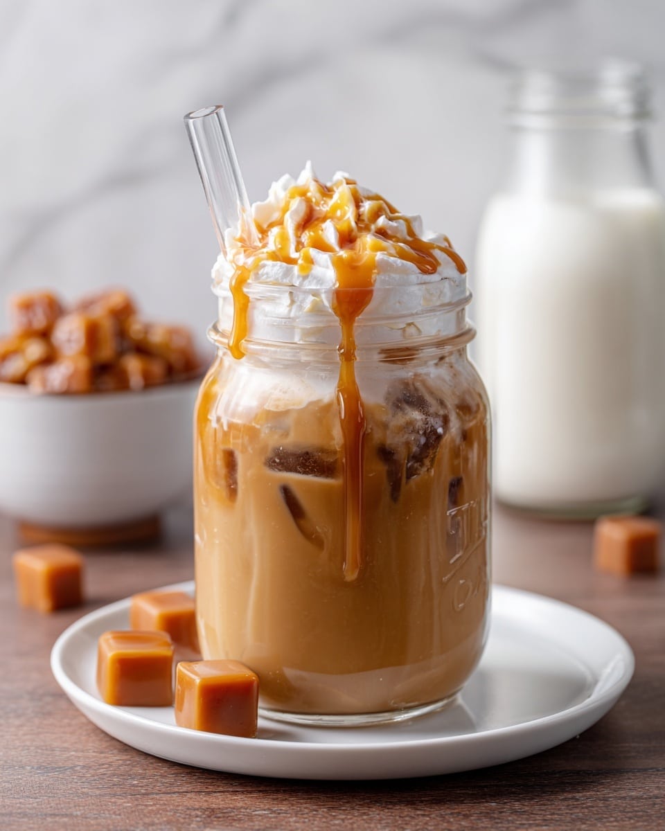A clear glass jar filled with ice cubes holds a light brown creamy drink being poured from a glass measuring cup above, creating small bubbles on the surface. A clear glass straw stands inside the jar. The jar sits on a white plate placed on a white marbled surface, and blurred caramel cubes and a milk jar appear softly in the background. Photo taken with an iphone --ar 4:5 --v 7