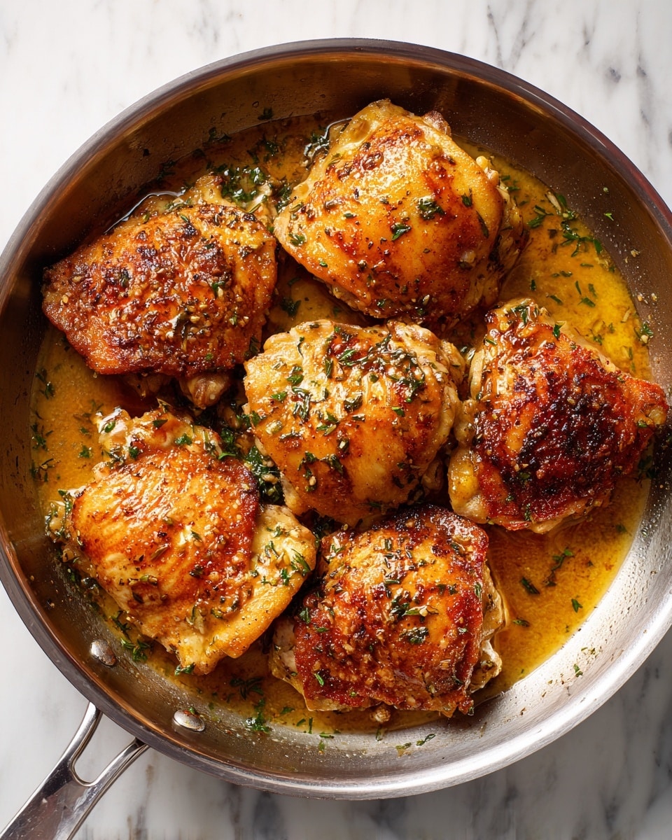 A metal frying pan filled with five cooked chicken pieces sitting in a golden brown sauce with visible herbs and spices scattered all over the chicken, the lightly browned chicken has a textured surface from the seasoning; the pan is placed on a white marbled surface, photo taken with an iphone --ar 4:5 --v 7