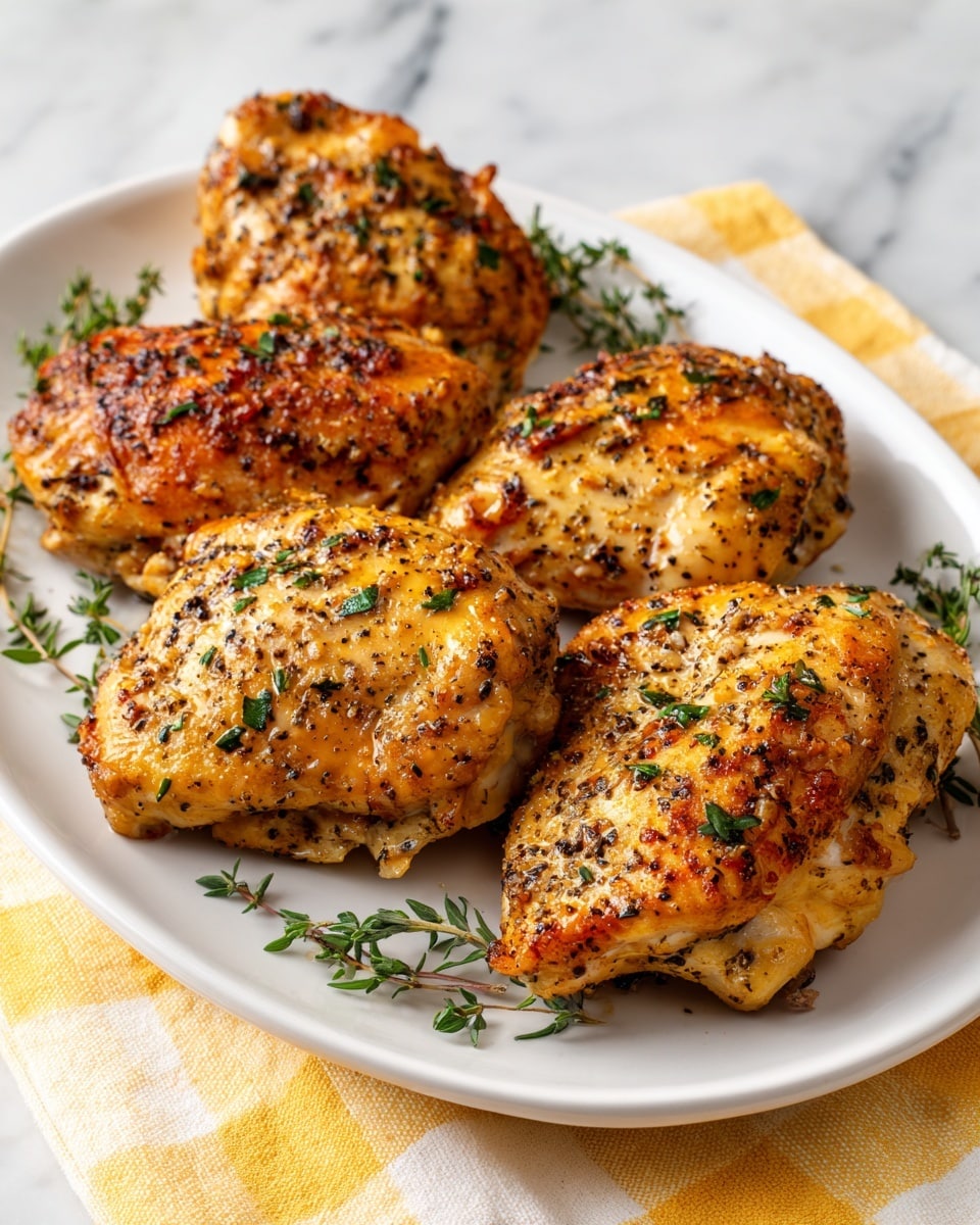 A white oval plate holds five cooked chicken pieces arranged in two rows, with three on the top row and two on the bottom row. Each piece is golden brown with a textured surface, speckled with black pepper and herbs, showing some oily glaze that makes them shine. Small green herb pieces are scattered on top of the chicken and around the plate edges. The plate sits on a yellow checkered cloth with a white marbled surface under it. Photo taken with an iphone --ar 4:5 --v 7