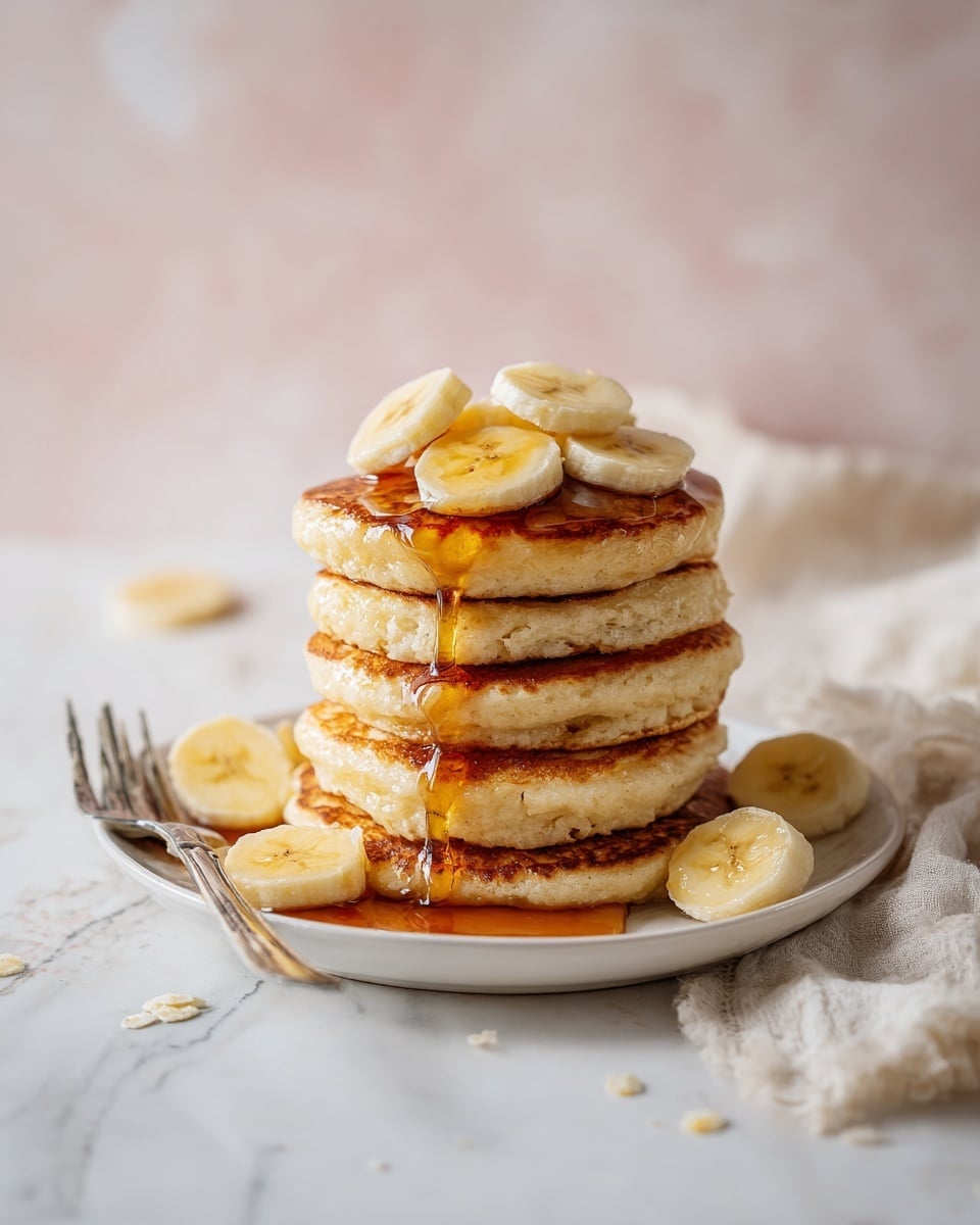 A stack of five thick, round pancakes with a light brown, slightly textured surface is placed on a white plate. The pancakes are layered one on top of another, and golden syrup is slowly dripping down the sides and pooling around the base. On top of the stack, there are two banana slices, creamy yellow in color with a smooth texture. More banana slices and syrup are scattered on the white marbled surface around the plate, and a fork is resting on the left side of the plate. The background is softly blurred with a warm light peach color. Photo taken with an iphone --ar 4:5 --v 7
