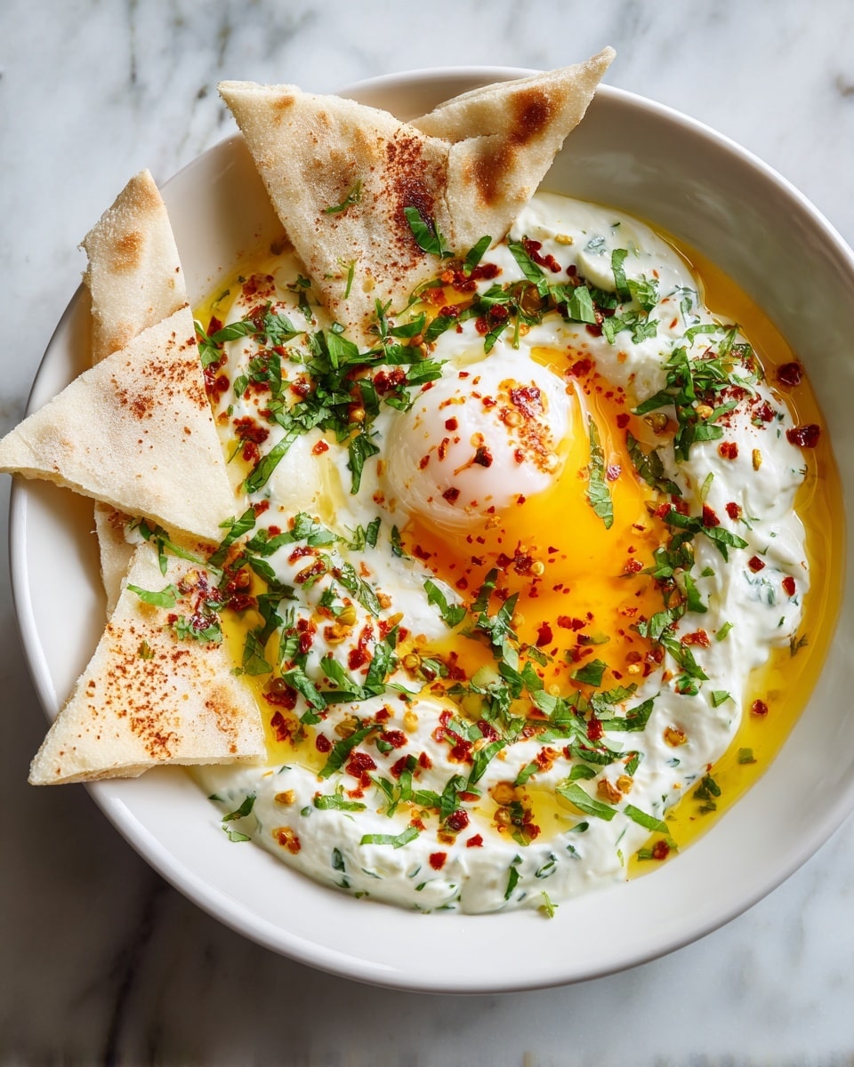 A white bowl holds a dish with three triangular pieces of light brown pita bread placed along the top edge. Below the bread, there is a creamy white yogurt base mixed with green herbs. On top of the yogurt, two soft poached eggs are placed in the center, with bright orange yolk slightly spilling out. The eggs are sprinkled with red chili flakes and pieces of fresh green dill, along with a drizzle of orange-red chili oil. The bowl is set on a white marbled surface with some green dill sprigs visible in the top right corner. Photo taken with an iphone --ar 4:5 --v 7