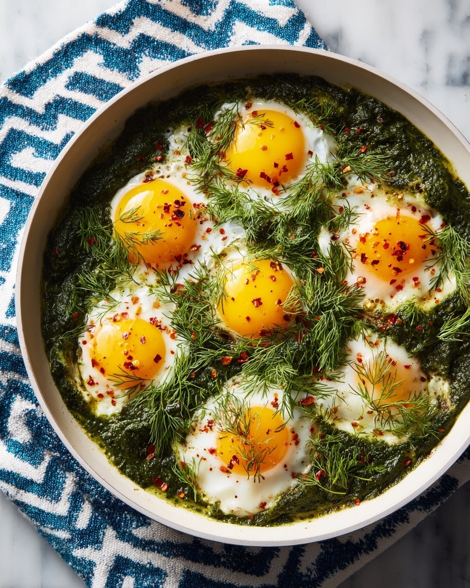 The image shows a round casserole dish with two handles, filled with a cooked green leafy mixture as the base layer. On top, there are six soft-cooked eggs with bright yellow yolks visible, spread evenly across the surface. The eggs are partly covered with fresh green dill, giving a textured look to the dish. Small red chili flakes are scattered lightly over the eggs and dill, adding a bit of color contrast. The dish is placed on a white marbled surface next to a blue and white patterned cloth. Photo taken with an iphone --ar 4:5 --v 7