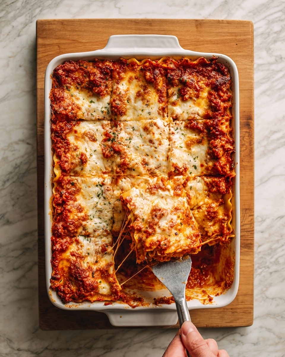 A white rectangular baking dish with red handles holds a baked lasagna with several layers. The top layer is a melted golden-brown cheese with melted patches of red tomato sauce scattered across it. A metal spatula, held by a woman's hand, lifts a portion from the dish, showing thick, gooey strings of melted cheese stretching from the main dish. Inside the lifted piece, layers of light brown sauce and pasta sheets are visible, creating a thick, textured look. The dish is placed on a white marbled surface with a folded cloth nearby. Photo taken with an iphone --ar 4:5 --v 7