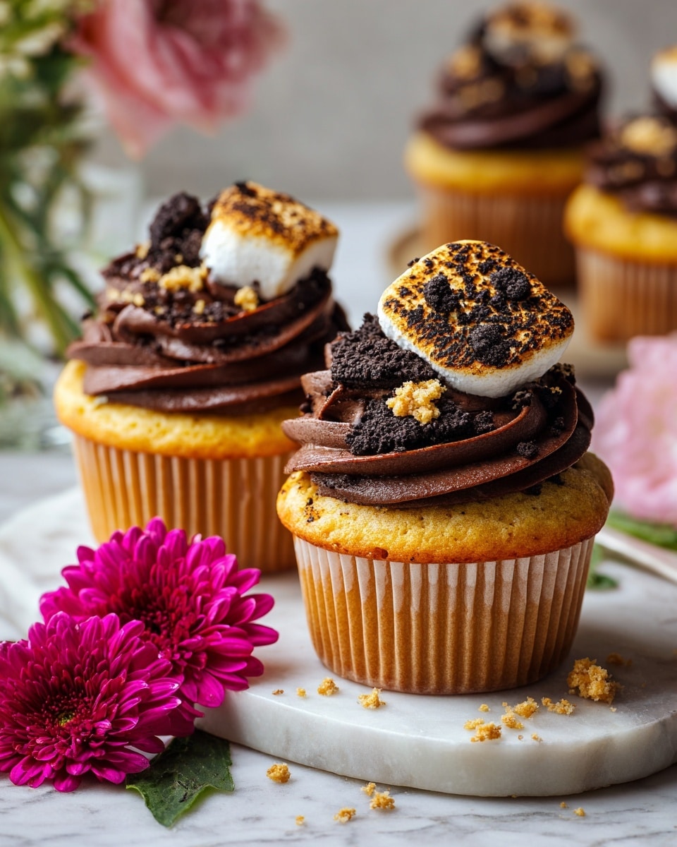 Two cupcakes sit on a white marbled surface, each with two main layers: a light golden cake base wrapped in pale yellow paper, and a thick swirl of smooth dark chocolate frosting on top. The frosting is richly textured with ridges, and each cupcake is crowned with a small piece of toasted marshmallow that is golden-brown with dark crispy edges, sprinkled with crumbled dark cookie bits. A bright dark pink flower with green leaves lies on the surface near the cupcakes, adding a pop of color. Scattered crumbs from the topping are visible around the cupcakes. The photo is taken with an iphone --ar 4:5 --v 7