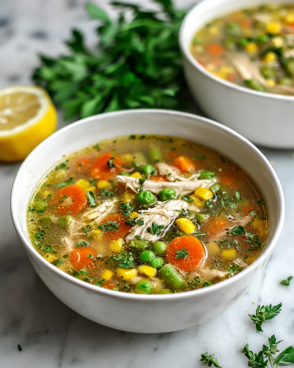The image shows a white bowl filled with a clear chicken soup that has several layers of ingredients. The top layer is sprinkled with small pieces of green parsley. Inside the soup, there are chunks of white chicken meat, bright orange carrot slices, green peas, pieces of celery, and some yellow corn kernels. The broth is light and clear, showing the colorful vegetables and chicken inside. There is another white bowl of the same soup slightly blurred in the background along with a piece of bread and a lemon slice on a white marbled surface. A bunch of fresh green parsley is placed next to the bowl. photo taken with an iphone --ar 4:5 --v 7