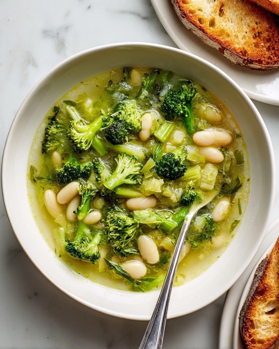 The image shows a white bowl filled with a soup that has several layers and colors. The base is a light green broth with small bits of herbs floating in it. Above the broth, white beans spread evenly, mixed with short light yellow macaroni pasta. On top, there is a layer of bright green broccoli florets and finely chopped broccoli stalks, adding texture and color. A white spoon rests inside the bowl on the right side. The bowl sits on a white marbled surface with a slice of bread partly visible in the top right corner. photo taken with an iphone --ar 4:5 --v 7
