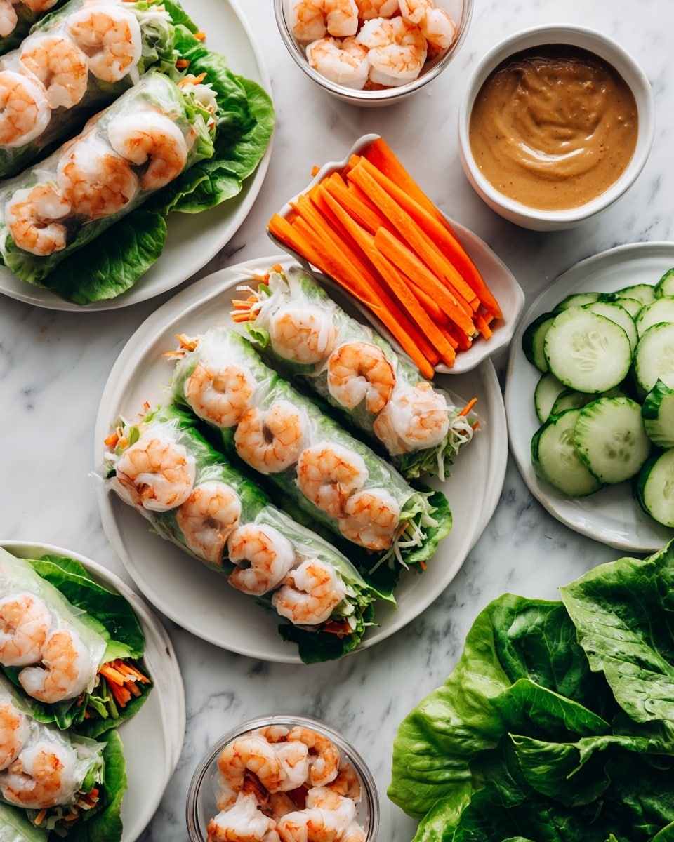 There is a white oval plate with four bright green butter lettuce leaves placed with some space between them. Each lettuce leaf holds small pink shrimp, chopped red bell pepper pieces, and fresh green chopped herbs sprinkled on top. To the upper right side of the plate, there is a small white bowl filled with light brown creamy sauce with a smooth texture. The plate sits on a white marbled surface with a small glass bowl of green herbs beside it. photo taken with an iphone --ar 4:5 --v 7
