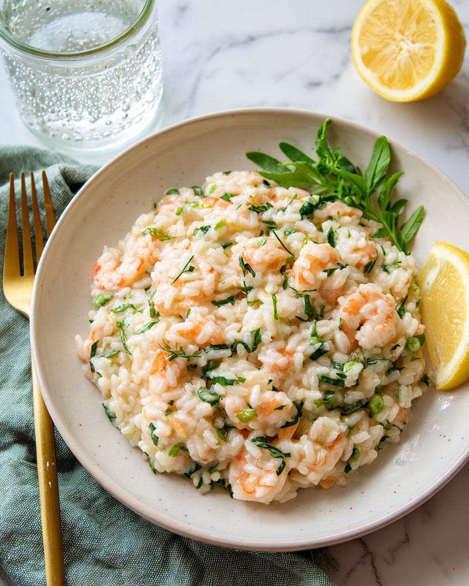 A round white plate holds a creamy risotto with plump shrimp mixed throughout, showing layers of soft white rice and pieces of green herbs evenly spread on top and inside. A wedge of bright yellow lemon sits on the right edge of the plate. The plate is placed on a white marbled surface next to a gold fork resting on a light green cloth napkin. Behind the plate is a clear glass of sparkling water and a small wooden bowl with a few fresh green leaves. Photo taken with an iphone --ar 4:5 --v 7