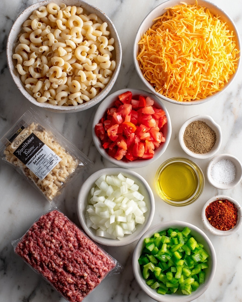 The image shows an overhead view of several small white bowls and containers arranged neatly on a white marbled surface. The largest bowl contains uncooked elbow macaroni, pale beige in color. Nearby, a bowl is filled with shredded bright orange cheddar cheese. Another bowl holds diced red tomatoes mixed with some liquid. Green diced bell peppers fill a medium bowl, while finely chopped white onions rest in another. Small piles of reddish-brown chili powder, coarse white salt, and small pieces of red chipotle peppers are placed in separate white bowls. A small glass cup contains clear, yellow olive oil, and a whole lime is positioned at the corner. A sealed package of organic ground beef is also present in the layout. photo taken with an iphone --ar 4:5 --v 7