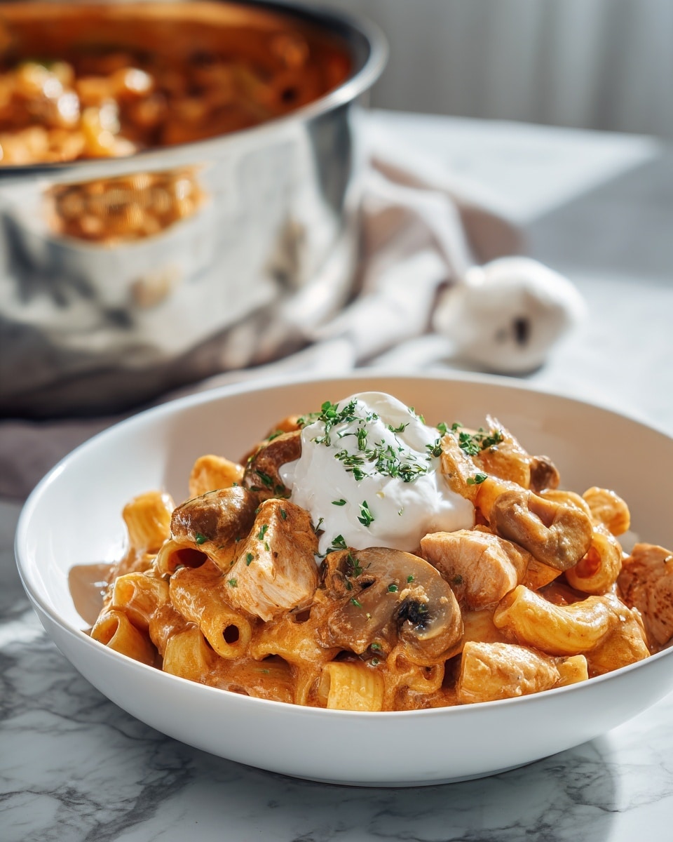 A white bowl filled with shell pasta covered in creamy orange sauce and small pieces of mushrooms mixed in. The pasta is topped with a large dollop of white cream and sprinkled with finely chopped green herbs. The bowl sits on a white marbled surface with sunlight shining from the left side, creating soft shadows. In the background, there is a shallow metal pan, also filled with the same pasta dish, catching some light and showing reflections. A woman's hand is holding the metal pan slightly above the surface. Photo taken with an iphone --ar 4:5 --v 7