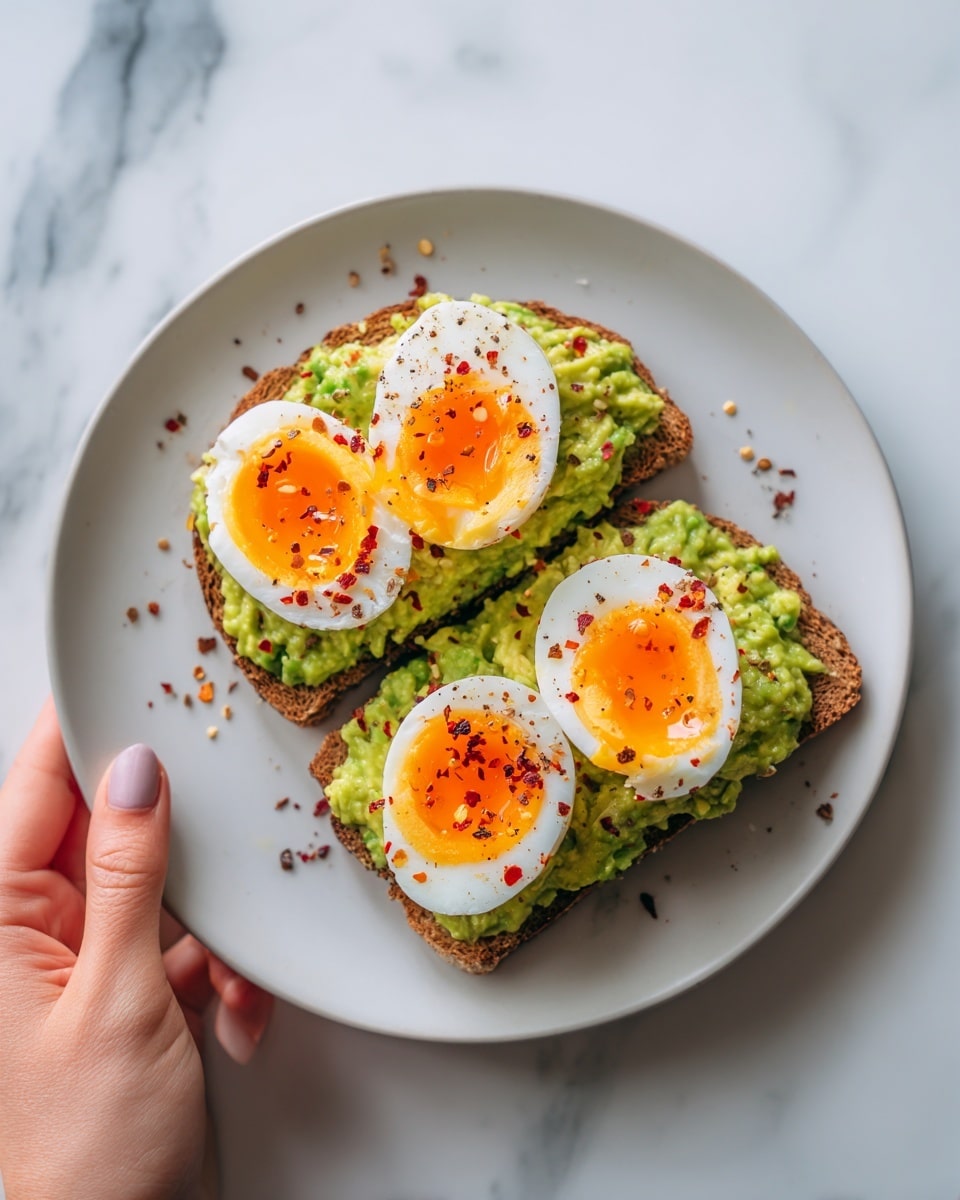 The image shows two halves of a soft-boiled egg with bright orange yolks and a smooth white surrounding placed on top of a thick layer of smashed avocado spread over a slice of toasted bread. The toast has a dark brown, crispy crust with a rough texture, and the avocado is creamy and slightly chunky, light green in color. The eggs are sprinkled with black pepper, red chili flakes, and some small green herbs, adding specks of color. The dish is on a white plate, sitting on a white marbled surface. Photo taken with an iphone --ar 4:5 --v 7
