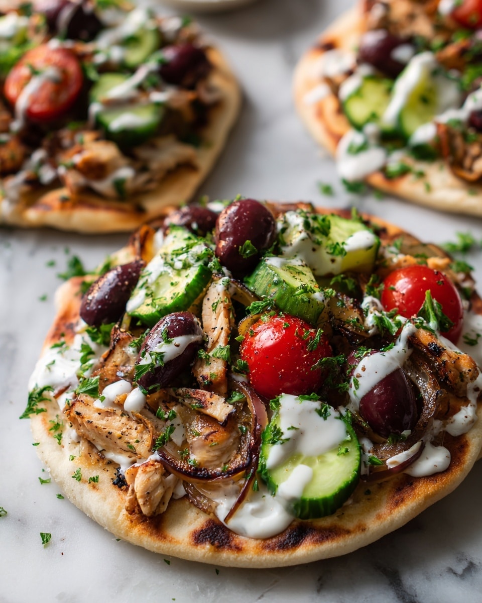 The image shows two soft white flatbreads on a white marbled surface, each topped with grilled pieces of brown and golden chicken, visible beneath a colorful layer of fresh salad made of chopped green cucumber chunks, halved red cherry tomatoes, dark purple olives, and light brown cooked onions. Drizzled over the top is a creamy pale beige sauce, garnished with finely chopped green herbs adding a fresh touch. The ingredients are layered generously and appear vibrant and fresh, creating a well-balanced and inviting dish photo taken with an iphone --ar 4:5 --v 7