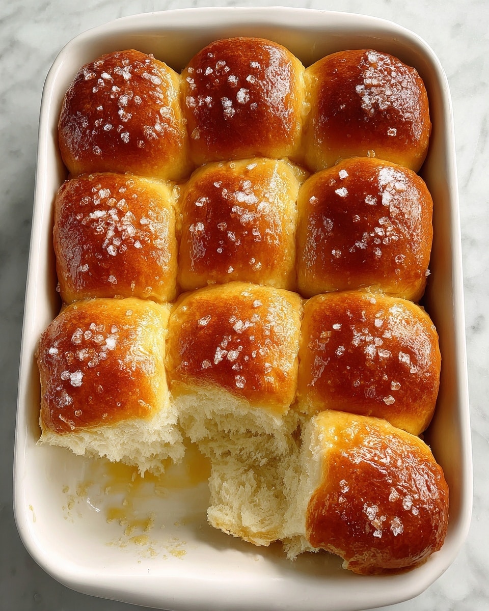 A white rectangular baking dish contains nine soft golden-brown dinner rolls arranged in three rows and three columns with a shiny top sprinkled lightly with coarse salt. Three rolls at the bottom left corner have been pulled apart, showing their fluffy white inside with a slightly torn texture. The dish is placed on a white marbled surface, and some baked crumbs stick to the side of the dish where the rolls were removed. photo taken with an iphone --ar 4:5 --v 7