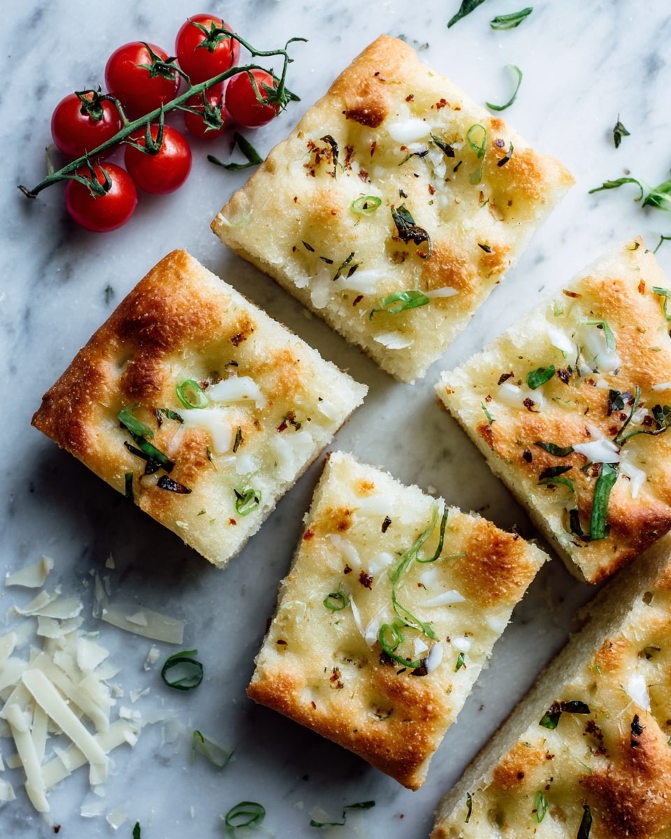Several pieces of soft focaccia bread are scattered on a white marbled surface. Each piece is light golden brown with a slightly puffy and uneven texture, showing dimples filled with small bits of dark green herbs. A few pieces have a light sprinkle of white shredded cheese on top. To the right, there is a small cluster of bright red cherry tomatoes still on their green vine, adding a fresh pop of color. One piece has a small fresh basil leaf placed on top. The scene is bright and clean, giving a fresh and simple look. Photo taken with an iphone --ar 4:5 --v 7