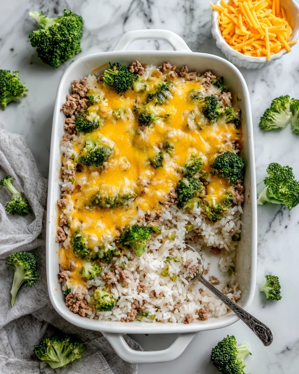 A white ceramic baking dish filled with a layered casserole, showing three main layers: the bottom layer is a mix of cooked small ground meat pieces in light brown color, the middle layer is white rice, and the top layer has scattered bright green broccoli florets with melted yellow cheese spread evenly over all. A silver spoon is placed inside the dish, partly buried in the casserole on the right side. The dish rests on a white marbled surface with small broccoli pieces and shredded cheddar cheese in a white bowl nearby. Photo taken with an iphone --ar 4:5 --v 7