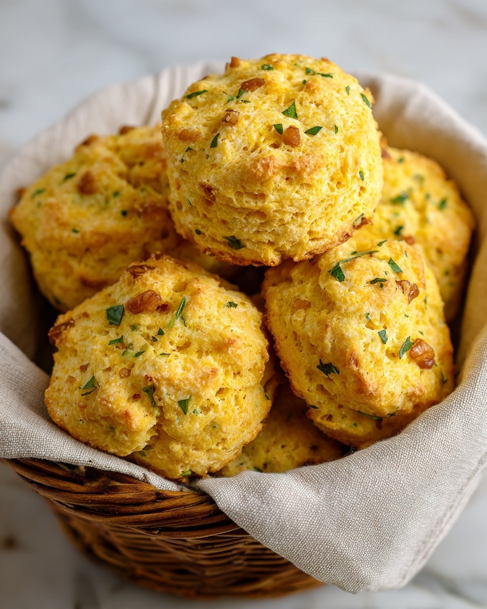The image shows a basket filled with several light golden biscuit-like scones. The scones have a rough, bumpy texture and are dotted with small chunks of browned pieces, possibly sausage, and green bits that look like sliced herbs or scallions. The basket is lined with a beige woven cloth that has soft frayed edges. The entire setup is placed on a white marbled surface. The scones are piled closely together, giving a warm, rustic feel. Photo taken with an iphone --ar 4:5 --v 7