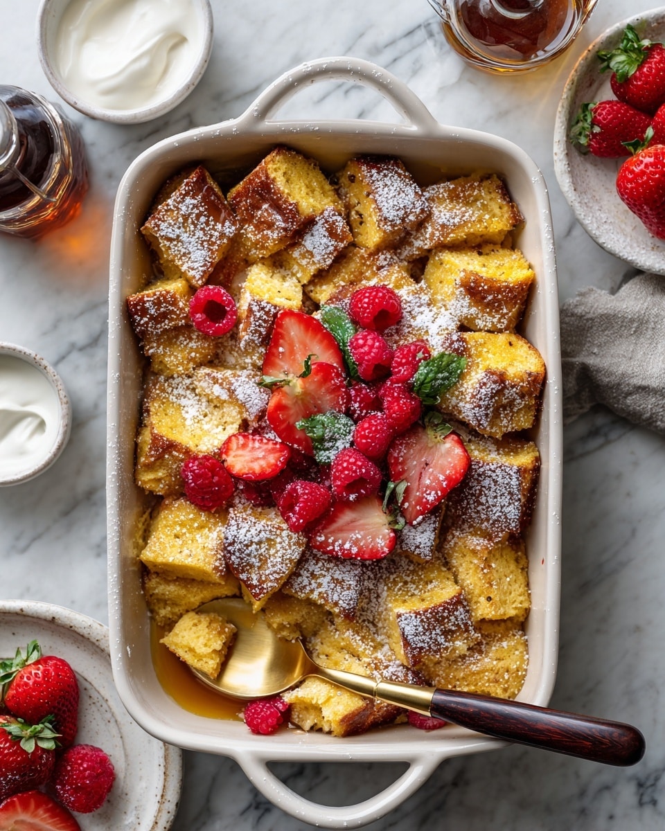 A white ceramic baking dish filled with a golden brown bread pudding that has a soft, custard-like texture with slightly crisp edges. The top layer shows square pieces of bread dusted generously with powdered sugar. Fresh red strawberries, some whole and some sliced in half, are scattered over the pudding along with a few bright red raspberries. A serving spoon with a wooden handle is lifted slightly, revealing the soft, moist inside of the pudding. The dish is placed on a white marbled surface, alongside a bowl of creamy whipped topping, a glass jar of syrup, and a small white bowl with extra strawberries. photo taken with an iphone --ar 4:5 --v 7