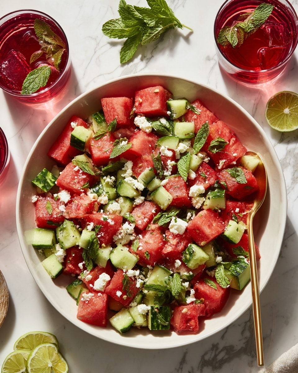 A white oval dish filled with a colorful salad showing three main layers: the base layer has small cubes of red tomatoes; on top, there are slices of green cucumber and rings of purple onions; scattered throughout are white cubes of cheese. Green basil leaves are spread over the top, adding a fresh touch. The dish sits on a white marbled surface, and there is a red and white striped cloth partially visible underneath. photo taken with an iphone --ar 4:5 --v 7