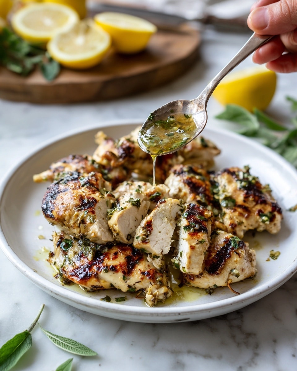 A white plate holds several grilled and sliced pieces of chicken arranged in a slightly overlapping layer. The chicken pieces are light brown with visible grill marks and some herbs sprinkled on top. A woman's hand is holding a spoon above the plate, pouring a greenish sauce with herbs onto the chicken. The background has a white marbled texture with a light beige cloth and green herbs visible nearby. photo taken with an iphone --ar 4:5 --v 7