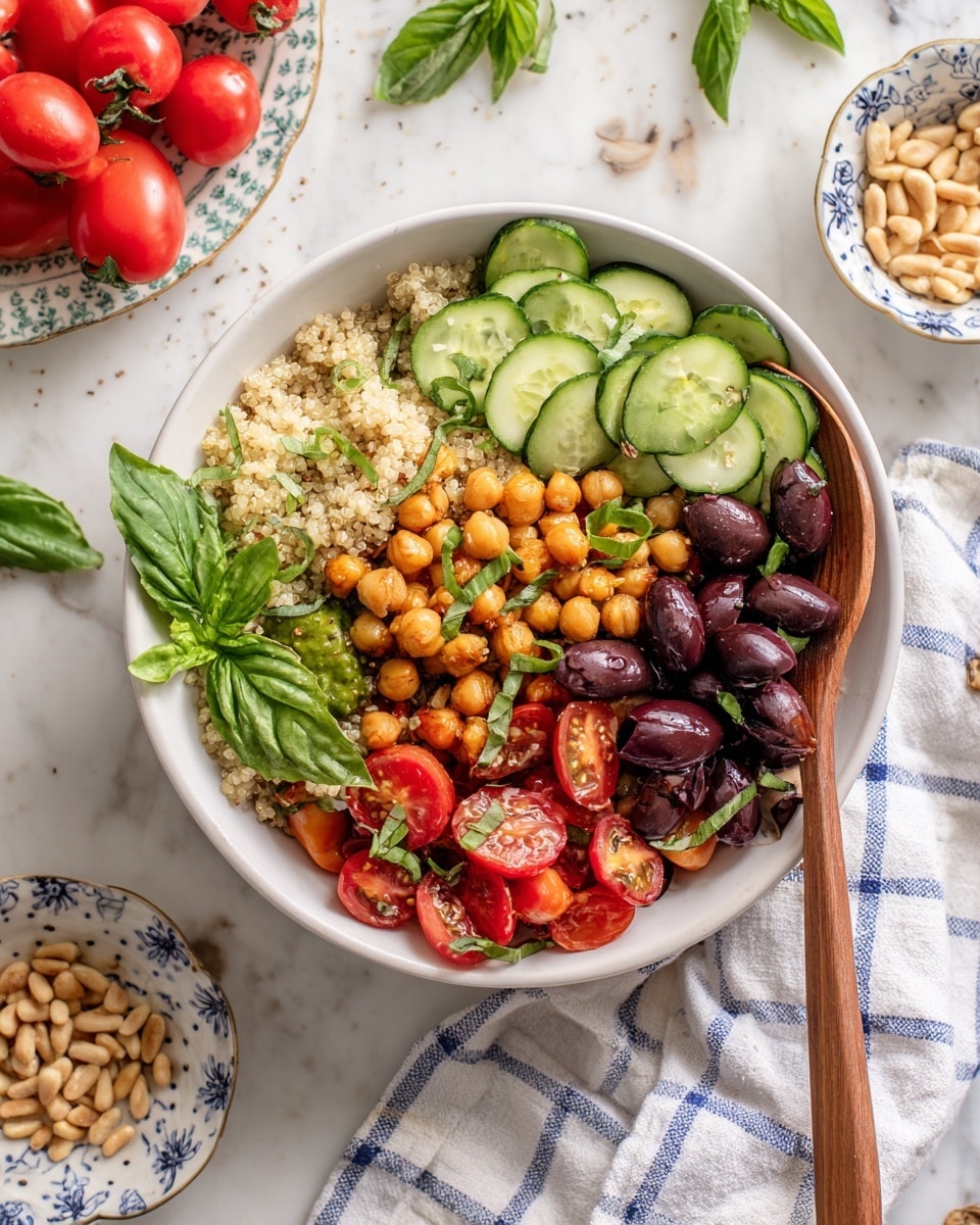 A large white bowl filled with a colorful quinoa salad is the focus. The bottom layer is fluffy light beige quinoa, mixed with round, golden roasted chickpeas scattered evenly throughout. On top of this are round slices of cucumber, bright green fresh mint leaves, small deep red roasted cherry tomatoes, and a few black olives. A wooden spoon rests inside the bowl on the right side. The bowl sits on a white marbled surface, with a blue and white patterned plate of fresh red tomatoes on the vine nearby, small bowls of pine nuts and extra chickpeas, and a glass jar with olive oil and herbs around it. A woman’s hand is holding the wooden spoon. A light blue and white checkered cloth is draped in the background. Photo taken with an iphone --ar 4:5 --v 7