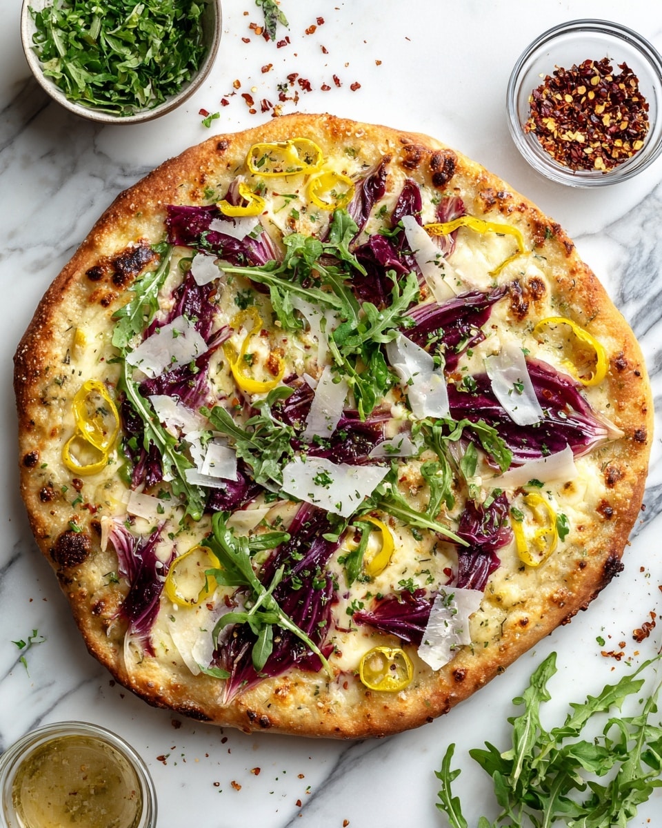 A round pizza with a golden brown crust sits on a white marbled surface. The base layer is melted cheese with a slightly bubbly texture and light browning. On top, there is a mix of colorful layers: bright green arugula leaves, thin strips of purple radicchio, thinly shaved white cheese slices scattered evenly, small rings of yellow banana peppers, and some thin red onion slices. Around the pizza, there are small bowls with a yellowish sauce and red chili flakes placed on the white marbled surface. Some arugula leaves and yellow peppers are scattered loosely around the pizza. photo taken with an iphone --ar 4:5 --v 7