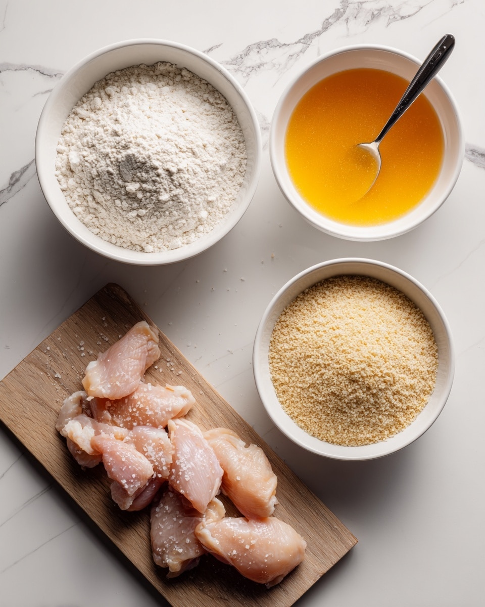 The image shows four main parts arranged on a white marbled surface. On the far left, there is a white bowl filled with white flour. Next to it, slightly to the right, is another white bowl with an orange liquid mixture and a spoon resting inside. To the right of that bowl, there is a third white bowl filled with light beige breadcrumbs. In front of the bowls, on the white marbled surface, there is a wooden board holding raw pieces of light pink chicken with some salt sprinkled on them. The photo taken with an iphone --ar 4:5 --v 7