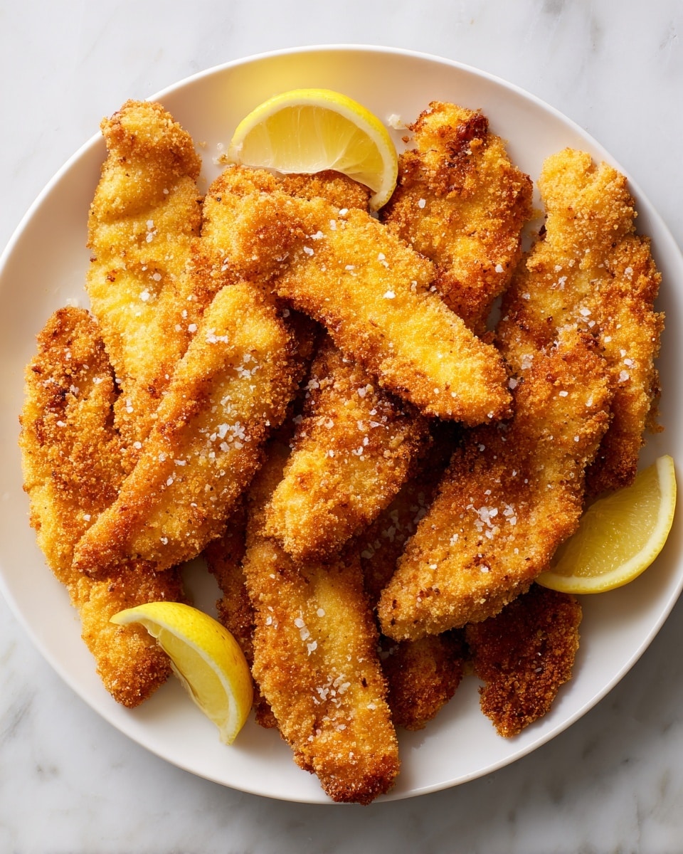 A white round plate holds a pile of golden brown crispy fried pieces with a rough, crunchy texture and some scattered coarse salt on top. There are two lemon wedges with bright yellow skin and pale yellow inside placed on the plate near the fried pieces. The plate is set on a white marbled surface with soft natural light highlighting the crunchy crust of the food. The fried pieces overlap slightly, showing their uneven, handmade shape. photo taken with an iphone --ar 4:5 --v 7
