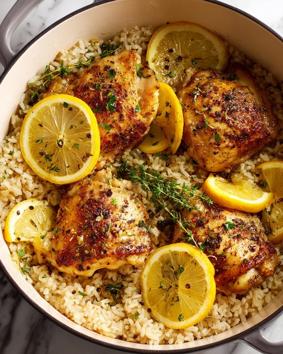A white round pot filled with one layer of light brown cooked rice covering the bottom, topped with three pieces of golden brown chicken with a slightly crispy textured surface sprinkled with herbs. Each chicken piece has thin yellow lemon slices on top, with small green herb sprigs placed on the lemon slices. The pot handle is visible on the left, and the pot sits on a white marbled surface. photo taken with an iphone --ar 4:5 --v 7