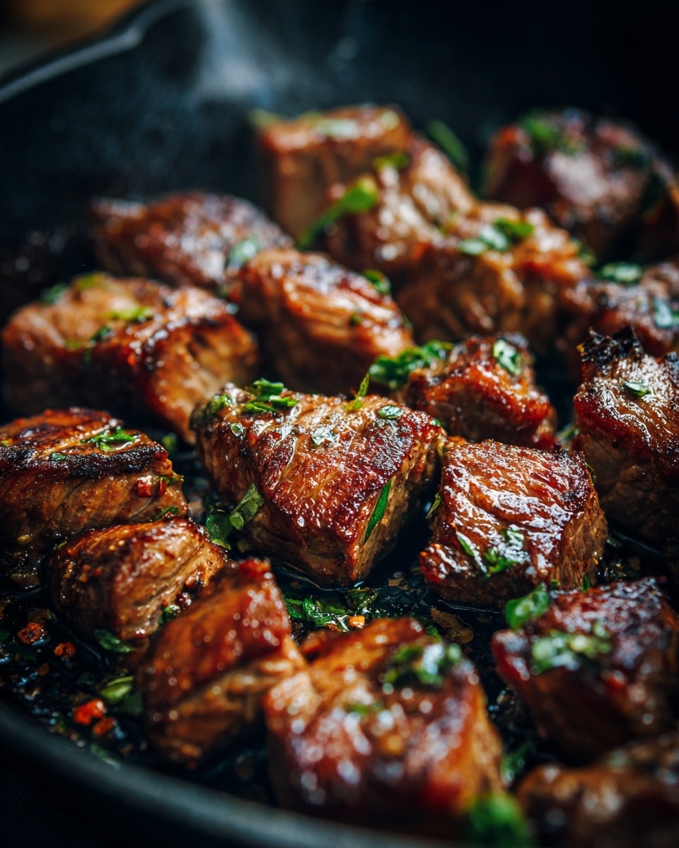 A collage of four images shows the cooking process in a black cast iron pan on a white marbled surface. The first image has a single layer of evenly spread, raw red meat cubes filling the pan. The second image shows the same cubes, now browned and cooked with a rougher texture, arranged in one layer. The third image shows melted butter with garlic and red chili flakes in the center bubbling in the pan, surrounded by a foamy surface. The fourth image captures the pan with the garlic and spice mixture sautéing vigorously in the melting butter, stirred by a wooden spoon held by a woman’s hand. Photo taken with an iphone --ar 4:5 --v 7