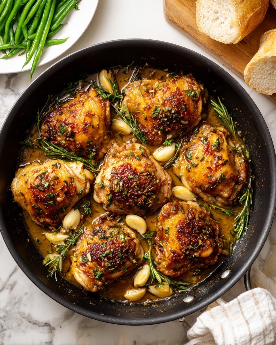 A black cast iron pan filled with eight pieces of golden-brown cooked chicken thighs sitting in a light brown sauce with whole garlic cloves and small green herb sprigs scattered on top, arranged in a circular pattern and slightly overlapping. To the top left, there is a white plate holding green beans, while on the right side there is a wooden board holding light brown bread rolls. In the bottom left corner, a piece of torn light brown bread is resting on a white marbled surface. The overall scene has a clean and fresh feel. photo taken with an iphone --ar 4:5 --v 7