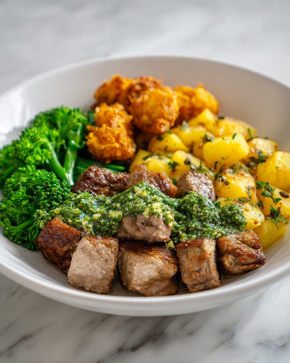 The image shows a white plate filled with a colorful meal on a white marbled surface. The plate has several layers: a bed of green broccoli florets on the left side, golden yellow fried balls stacked slightly behind the broccoli, and a portion of creamy yellow potatoes with green herbs sprinkled on top on the right side. In the front center of the plate, there are chunks of dark brown meat covered in a light green creamy sauce with herbs. Photo taken with an iphone --ar 4:5 --v 7