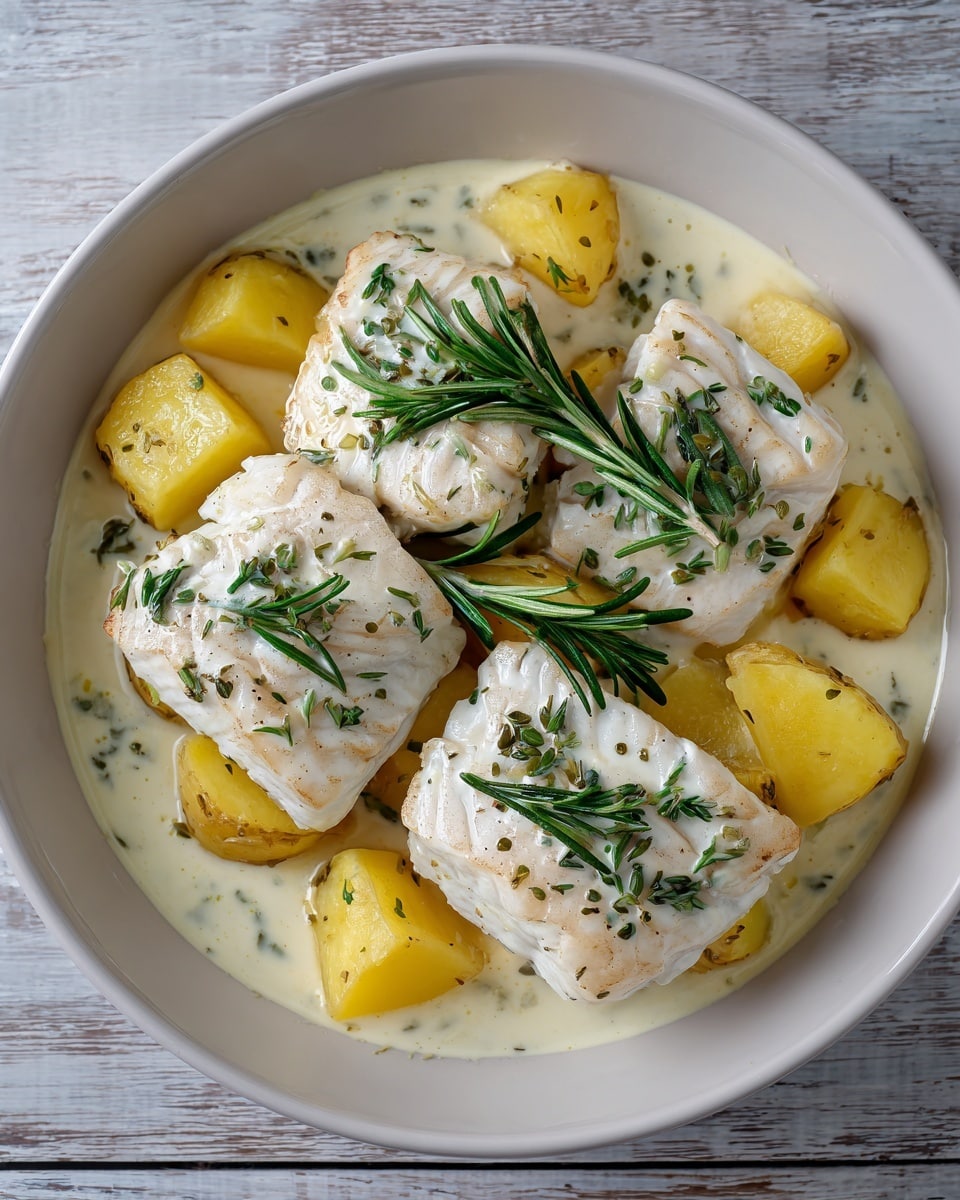 The dish shows three thick pieces of white fish with a light golden crust on top, arranged in a white baking dish. Around and slightly beneath the fish, there are many pieces of yellow roasted potatoes with browned edges. The entire dish is covered with a creamy white sauce that has visible green herbs, mainly rosemary, spread throughout. Some small sprigs of rosemary lay carefully on top of the fish fillets. The white baking dish sits on a wooden surface. Photo taken with an iphone --ar 4:5 --v 7