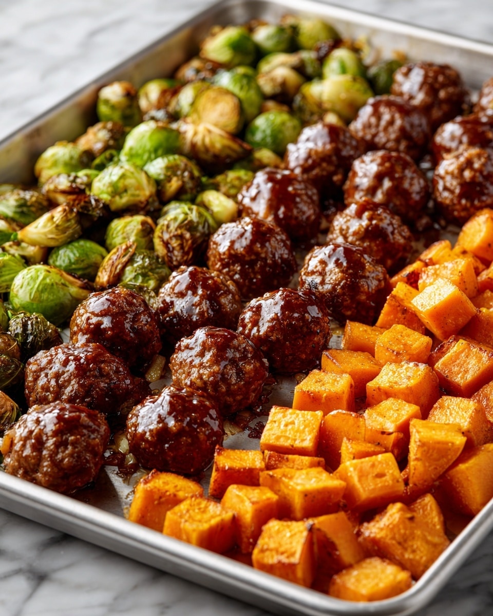 The image shows a close-up view of a baking tray with three main layers: the left and center part covered with glazed brown meatballs that have a shiny, sticky surface dotted with small bits of onion or garlic, the right side filled with roasted Brussels sprouts that are golden brown on top and charred edges, and orange sweet potato cubes that have a slightly caramelized look, all resting on the metal tray. The background and surface below the tray is white marble textured. Photo taken with an iphone --ar 4:5 --v 7