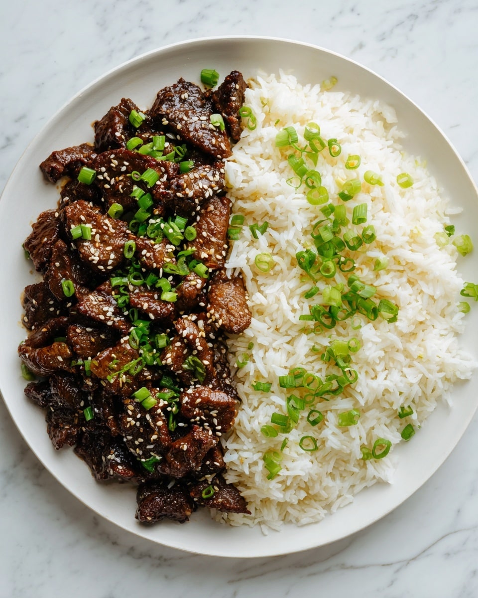 A round white plate with two main parts: on the left, a pile of brown cooked meat with a glossy, slightly chunky texture, topped with small green onion pieces and white sesame seeds scattered across; on the right, a neat mound of white rice with a soft, fluffy look, sprinkled with small green onion pieces on top; the plate is set on a white marbled surface. Photo taken with an iphone --ar 4:5 --v 7