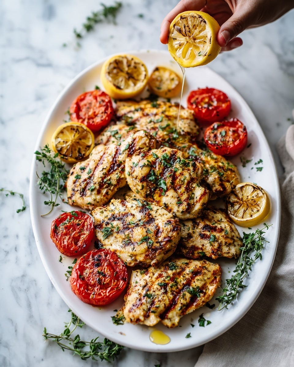 A white oval plate holds three grilled pieces of chicken with clear grill marks and sprinkled green herbs on top, arranged in the center. Around the edges of the plate are four grilled tomato halves, their skins charred and showing juicy red insides. Fresh green herb sprigs are scattered around the chicken and tomatoes for garnish. Above the plate, a woman's hand squeezes a grilled lemon half over the chicken, with juice dripping down onto the food. The setting is on a white marbled surface, with a blurred white bowl in the background. Photo taken with an iphone --ar 4:5 --v 7