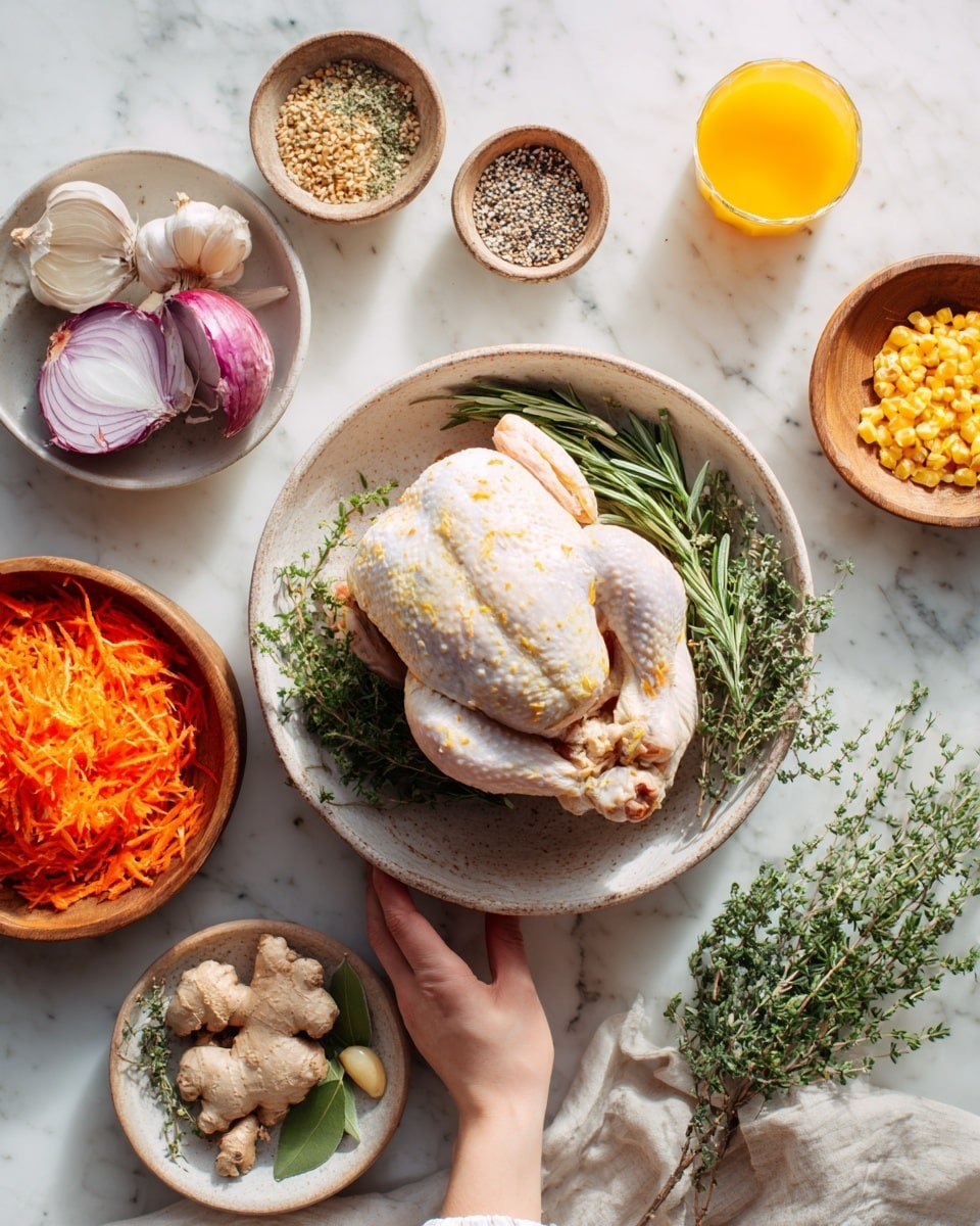 The image shows a whole raw chicken placed in the center of a large white wooden bowl. Around this bowl are smaller white bowls and wooden dishes that hold various cooking ingredients: bright orange shredded carrots, a peeled onion cut in half, a bowl with a mix of seeds, a dish with peeled garlic cloves and a small ginger piece, fresh green herbs including rosemary and thyme, and a glass of orange liquid. All items are set on a white marbled surface. A woman's hand is holding one of the chicken’s legs. The scene is bright and clean, with natural colors highlighted well. photo taken with an iphone --ar 4:5 --v 7
