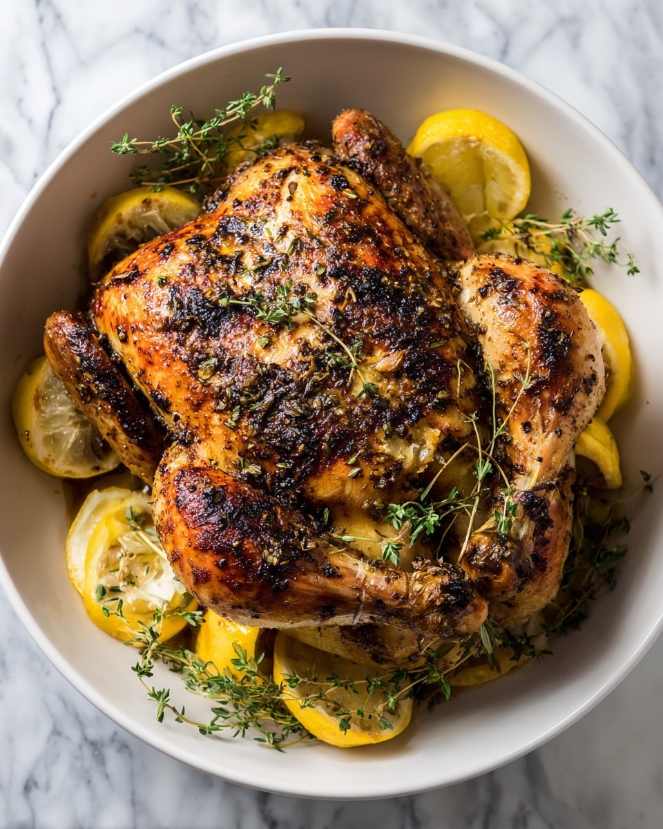 A whole roasted chicken with a crispy, dark golden-brown skin sits in the center of a white bowl. Around the chicken are several bright yellow lemon slices placed at the edges. On top of the chicken, there are small green thyme sprigs adding a fresh touch. The white bowl rests on a white marbled surface, with a silver spoon partly visible on the right side. The scene looks warm and inviting. photo taken with an iphone --ar 4:5 --v 7